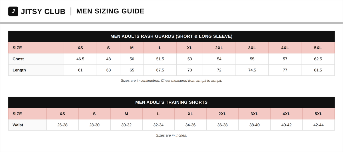 Men's rashguard sizing guide