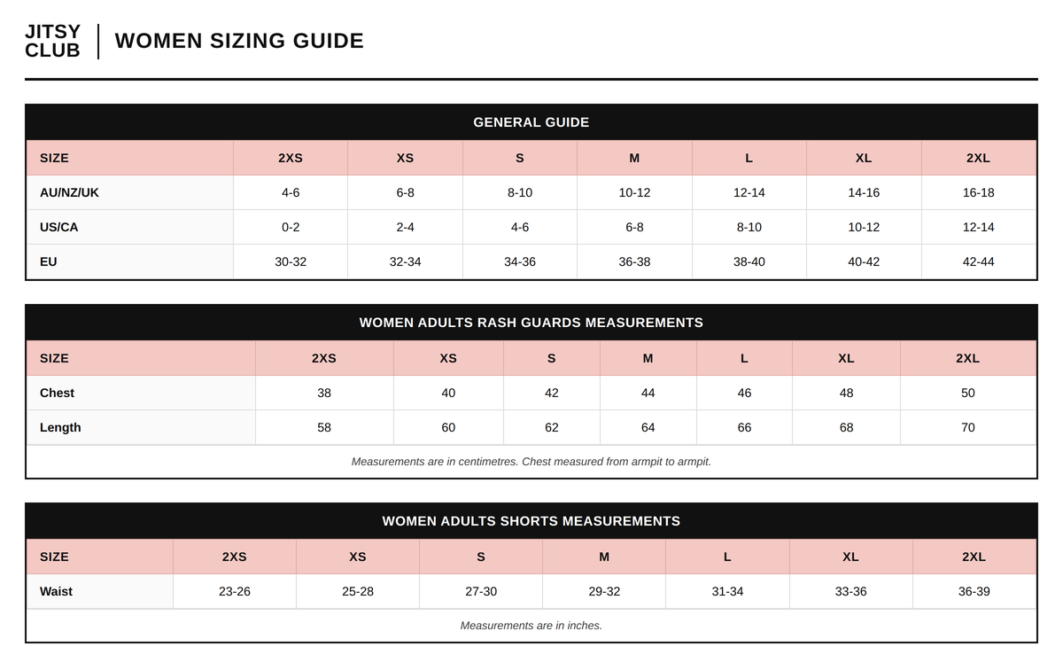Women's Rashguard sizing guide